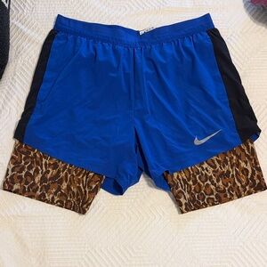 Nike Blue and Black Athletic Shorts with Leopard Print 2-in-1 Large